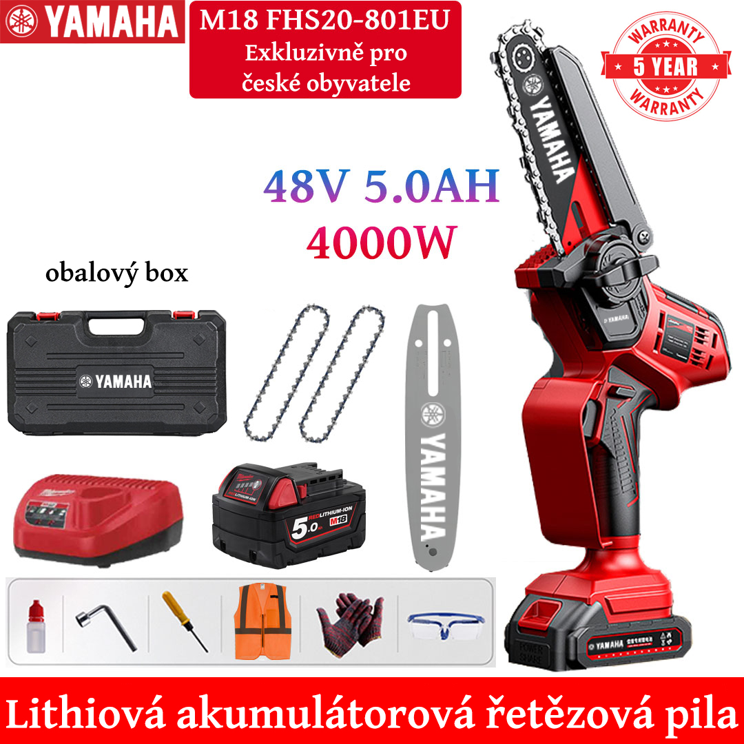 8palcová lithiová elektrická řetězová pila s výkonem 4000 W, akumulátor 48V 5,0Ah*1, nabíječka, vodicí deska*1, řetěz*2, skříňka na nářadí, mazivo a brýle