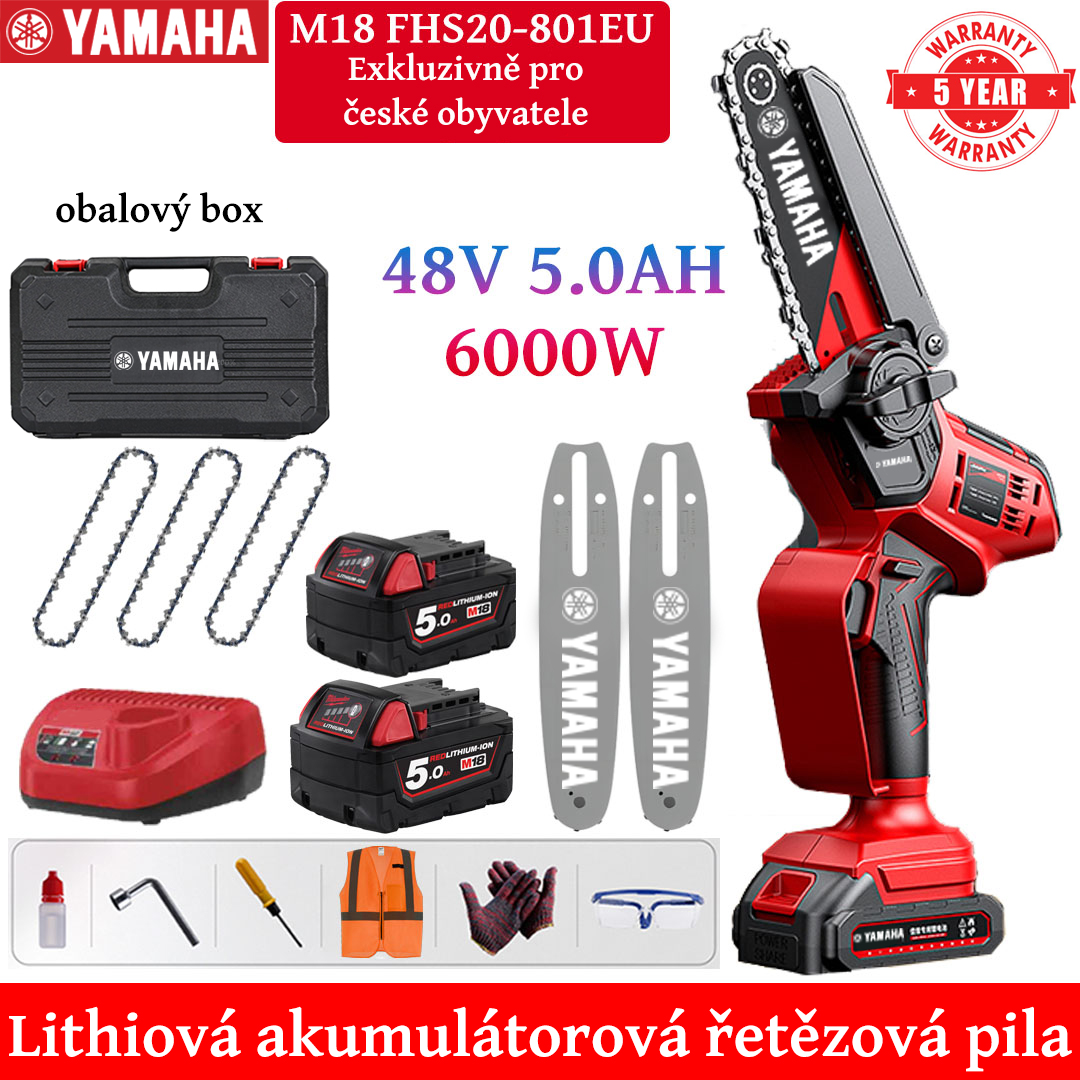 8palcová lithiová elektrická řetězová pila s výkonem 6000 W, akumulátor 48V 5,0Ah*2, nabíječka, vodicí deska*2, řetěz*3, skříňka na nářadí, mazivo a brýle