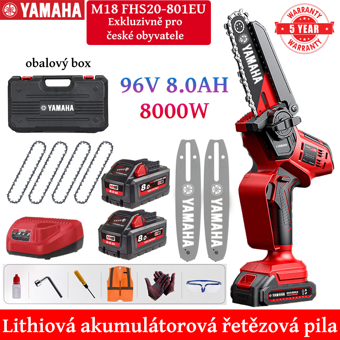 8palcová lithiová elektrická řetězová pila s výkonem 8000 W, baterií 96V 8,0Ah*2, nabíječkou, vodicí deskou*2, řetězem*4, schránkou na nářadí, mazivem a brýlemi