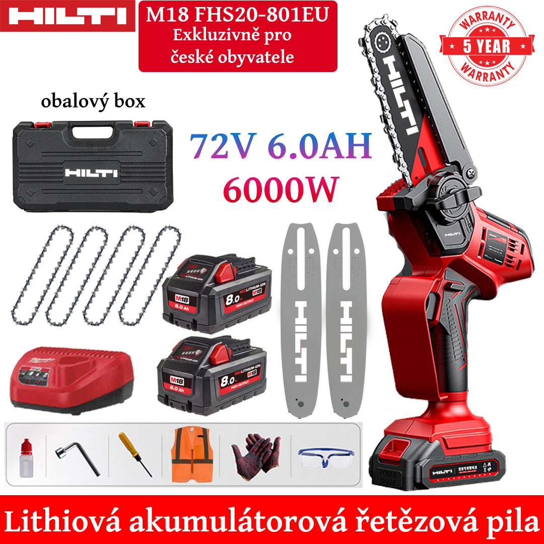 8palcová lithiová elektrická řetězová pila s výkonem 6000 W, baterií 72V 6,0Ah*2, nabíječkou, vodicí deskou*2, řetězem*4, schránkou na nářadí, mazivem a brýlemi